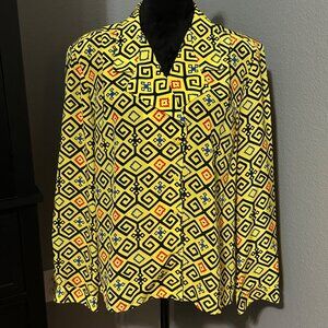 Vintage Ship 'N Shore Blouse Size 12 Yellow Multicolor Geometric Print Button Up